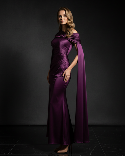 Satin Kleid Purple - Meerjungfrau Abendkleid Lila One-Shoulder Plissee - Ansicht 3