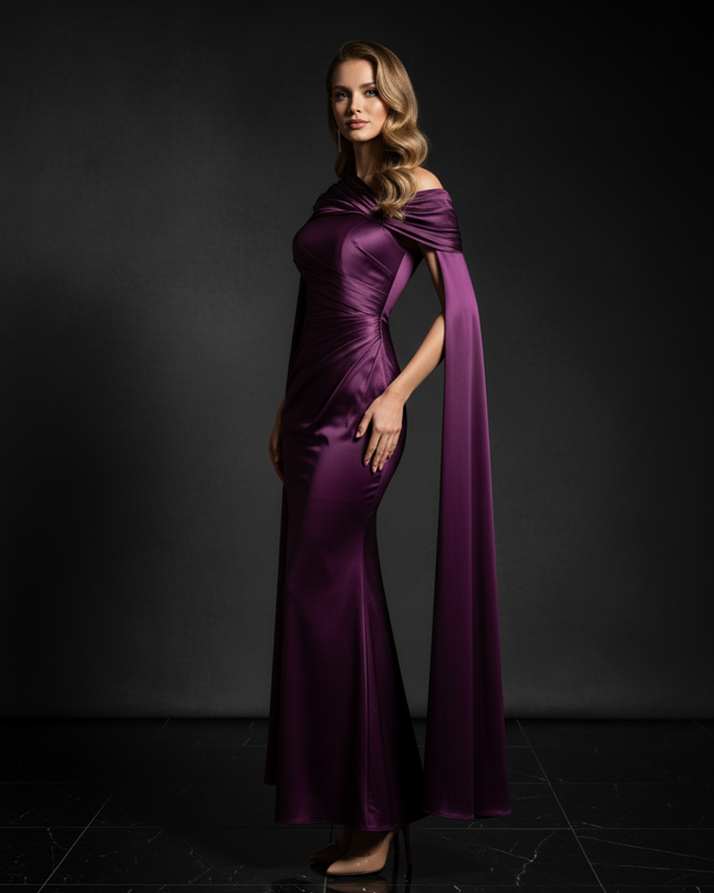 Satin Kleid Purple - Meerjungfrau Abendkleid Lila One-Shoulder Plissee - Ansicht 3