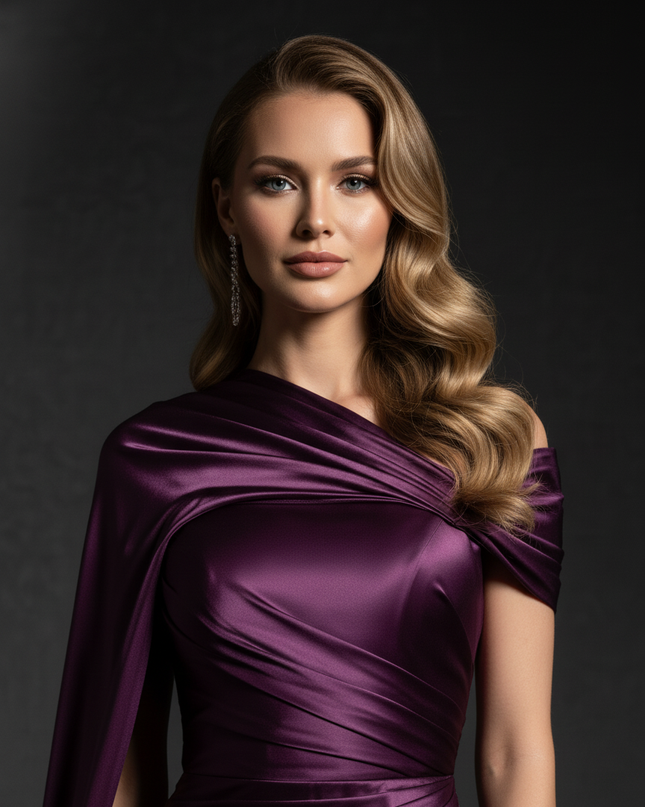 Satin Kleid Purple - Meerjungfrau Abendkleid Lila One-Shoulder Plissee - Ansicht 4