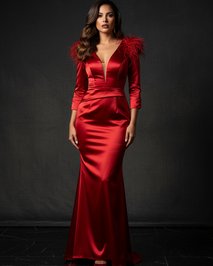 Satin Kleid - Satin Abendkleid Meerjungfrau Rot mit Federn - Ansicht 1