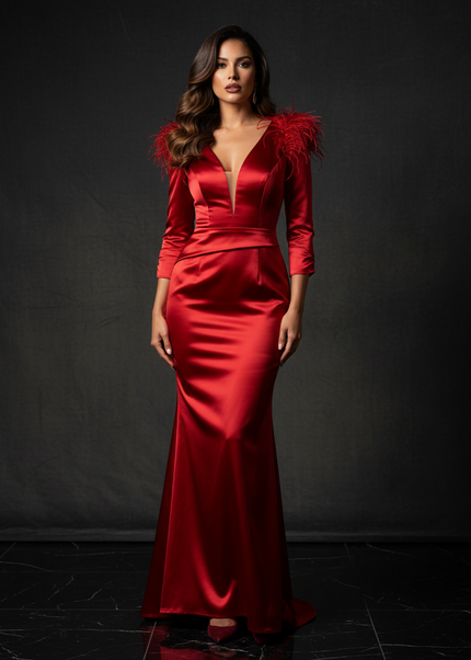 Satin Kleid - Satin Abendkleid Meerjungfrau Rot mit Federn - Ansicht 1