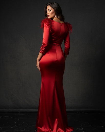 Satin Kleid - Satin Abendkleid Meerjungfrau Rot mit Federn - Ansicht 2