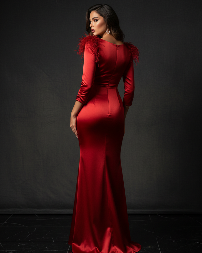 Satin Kleid - Satin Abendkleid Meerjungfrau Rot mit Federn - Ansicht 2