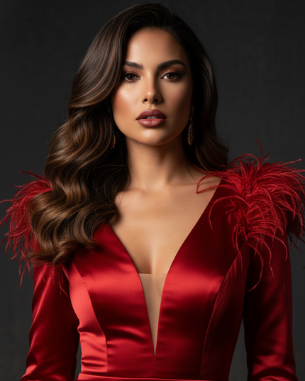 Satin Kleid - Satin Abendkleid Meerjungfrau Rot mit Federn - Ansicht 4