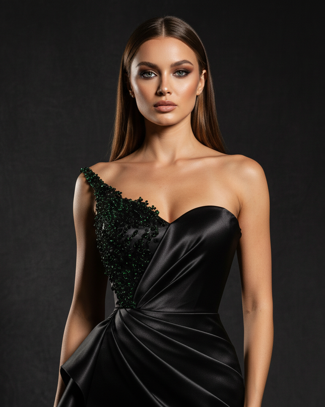 Satin Kleid Black - Meerjungfrau Abendkleid Traegerlos Perlenbesatz Satin - Ansicht 4