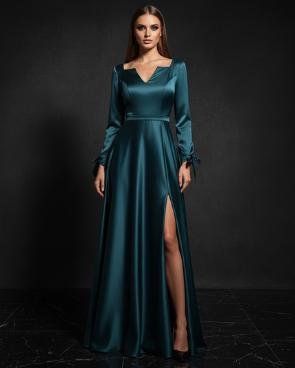 Satin Kleid - Satin Abendkleid mit Aermeln - A-Linie Smaragd - Ansicht 1