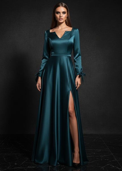 Satin Kleid - Satin Abendkleid mit Aermeln - A-Linie Smaragd - Ansicht 1