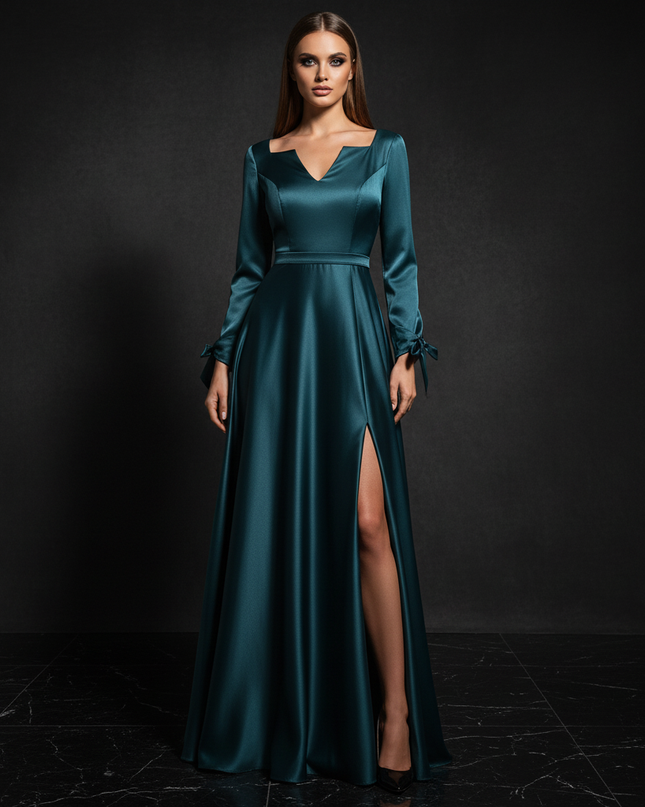 Satin Kleid - Satin Abendkleid mit Aermeln - A-Linie Smaragd - Ansicht 1