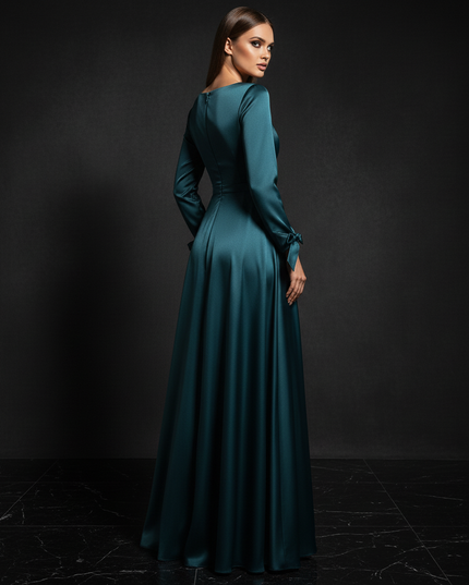 Satin Kleid - Satin Abendkleid mit Aermeln - A-Linie Smaragd - Ansicht 2