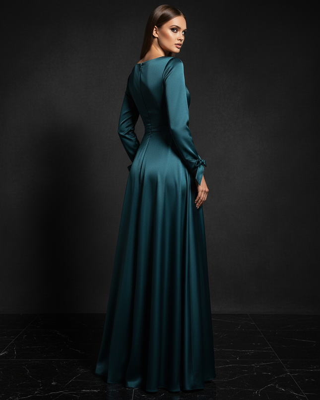 Satin Kleid - Satin Abendkleid mit Aermeln - A-Linie Smaragd - Ansicht 2