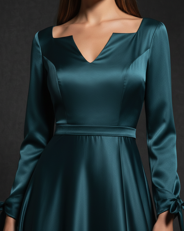 Satin Kleid - Satin Abendkleid mit Aermeln - A-Linie Smaragd - Ansicht 4