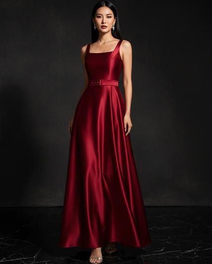 Satin Kleid - Satin Abendkleid mit Guertel - Langes Wickelkleid Weinrot - Ansicht 1