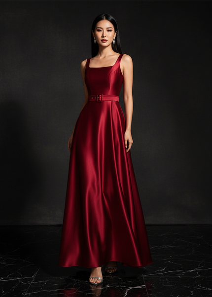 Satin Kleid - Satin Abendkleid mit Guertel - Langes Wickelkleid Weinrot - Ansicht 1