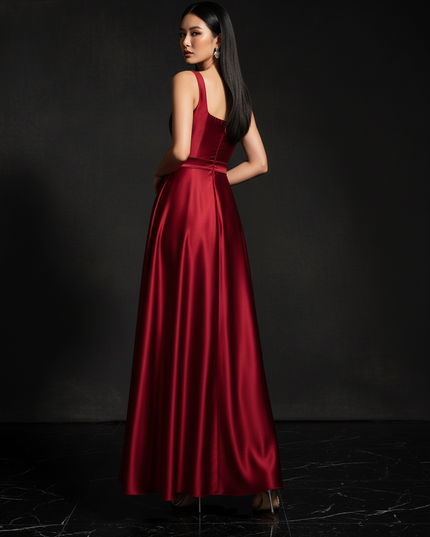 Satin Kleid - Satin Abendkleid mit Guertel - Langes Wickelkleid Weinrot - Ansicht 2