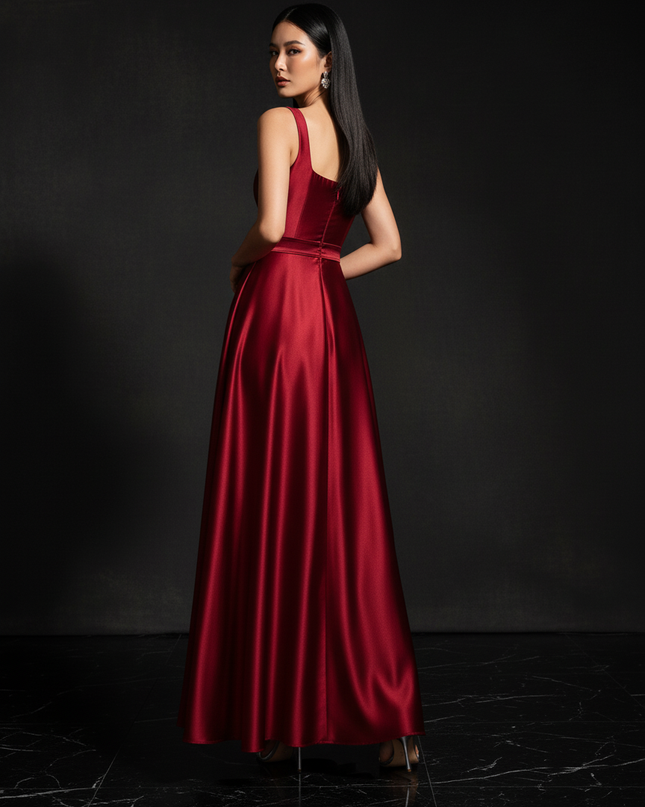 Satin Kleid - Satin Abendkleid mit Guertel - Langes Wickelkleid Weinrot - Ansicht 2