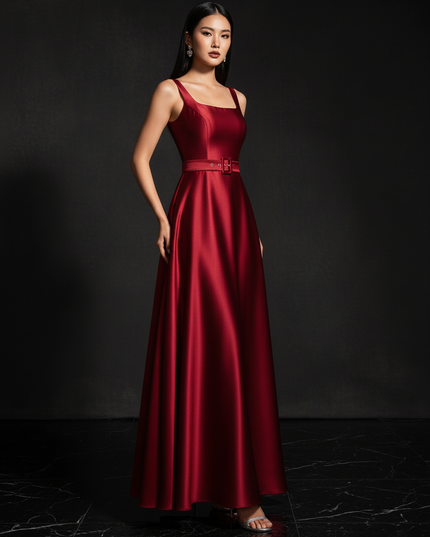 Satin Kleid - Satin Abendkleid mit Guertel - Langes Wickelkleid Weinrot - Ansicht 3