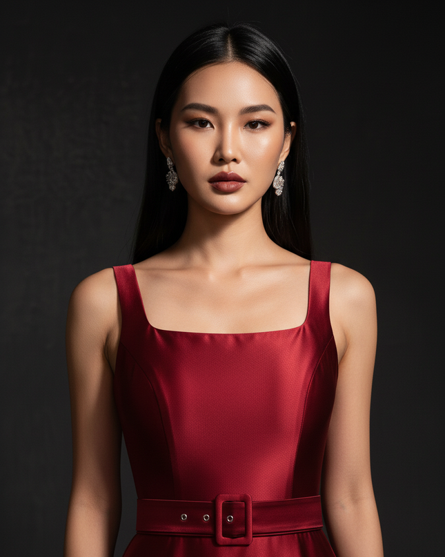 Satin Kleid - Satin Abendkleid mit Guertel - Langes Wickelkleid Weinrot - Ansicht 4