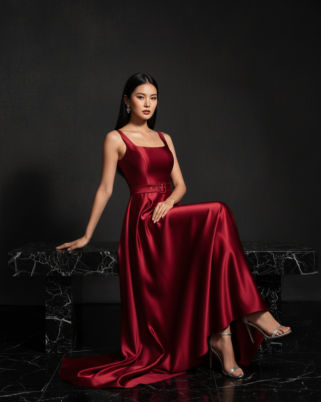 Satin Kleid - Satin Abendkleid mit Guertel - Langes Wickelkleid Weinrot - Ansicht 5