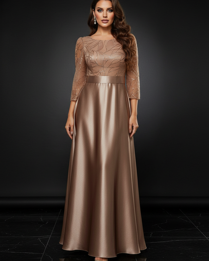 Satin Kleid - Satin Abendkleid mit Pailletten Champagner - A-Linie - Ansicht 1