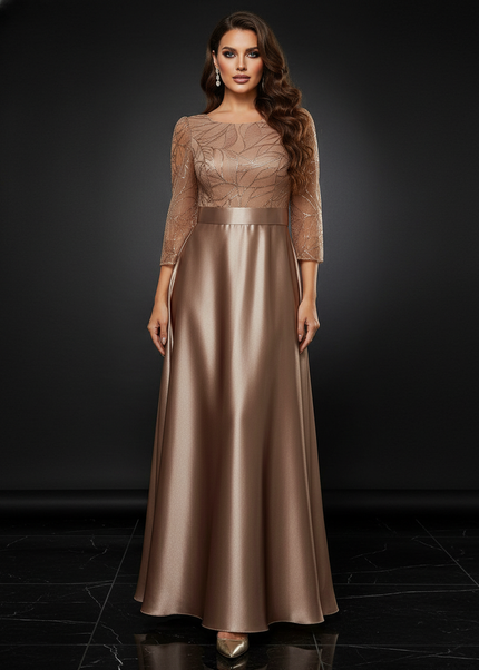 Satin Kleid - Satin Abendkleid mit Pailletten Champagner - A-Linie - Ansicht 1