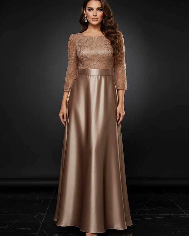 Satin Kleid - Satin Abendkleid mit Pailletten Champagner - A-Linie - Ansicht 1