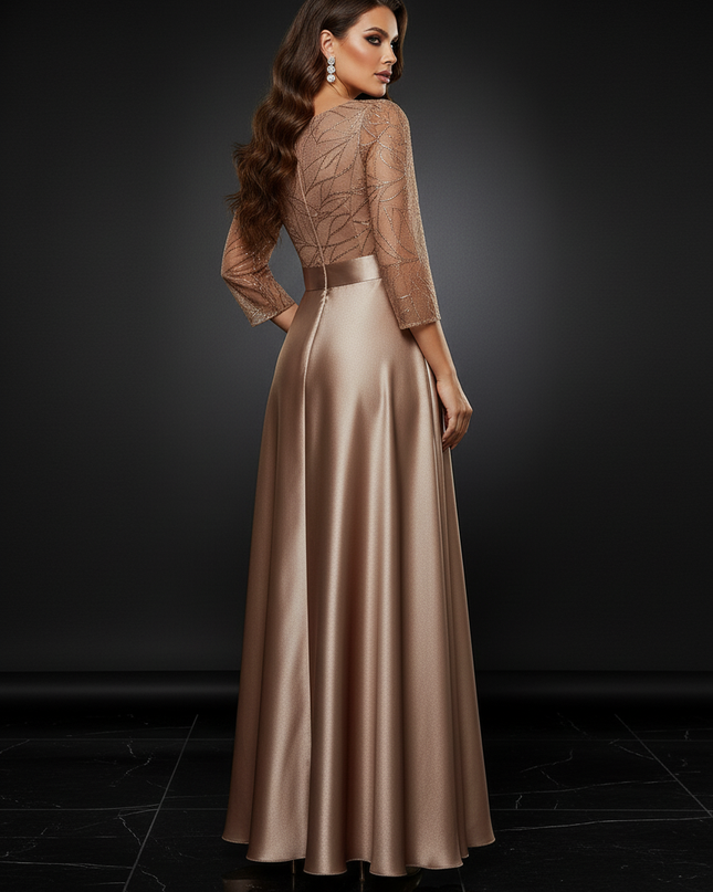 Satin Kleid - Satin Abendkleid mit Pailletten Champagner - A-Linie - Ansicht 2