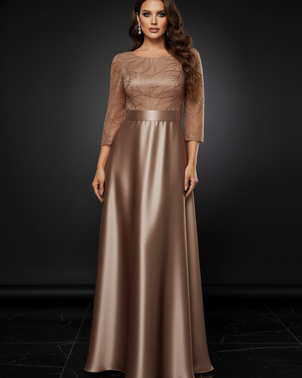 Satin Kleid - Satin Abendkleid mit Pailletten Champagner - A-Linie - Ansicht 4