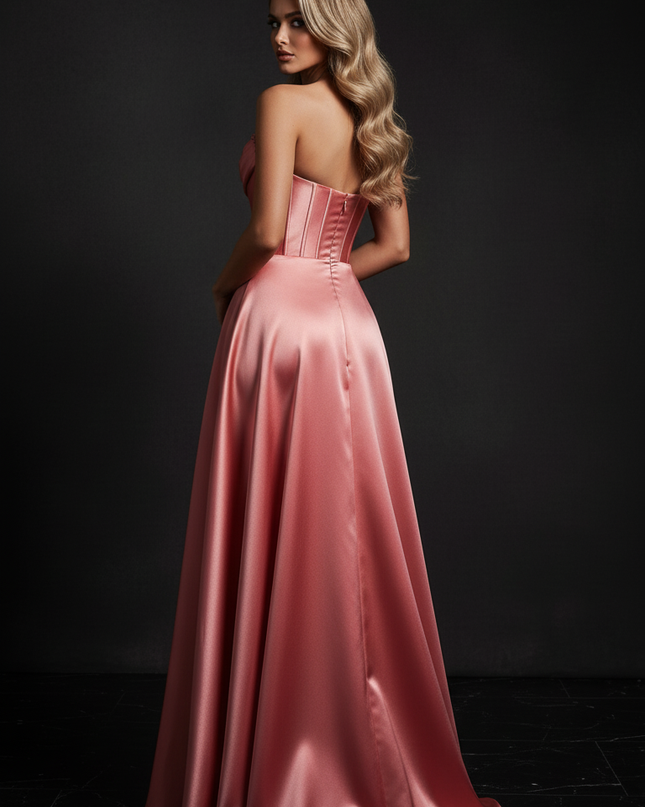 Satin Kleid - Satin Abendkleid mit Schleife Rosa Coral - Corsage - Ansicht 2