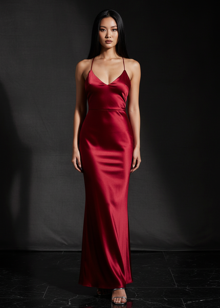 Satin Kleid - Satin Abendkleid mit Schleife Rot - Rueckenfrei Lang - Ansicht 1