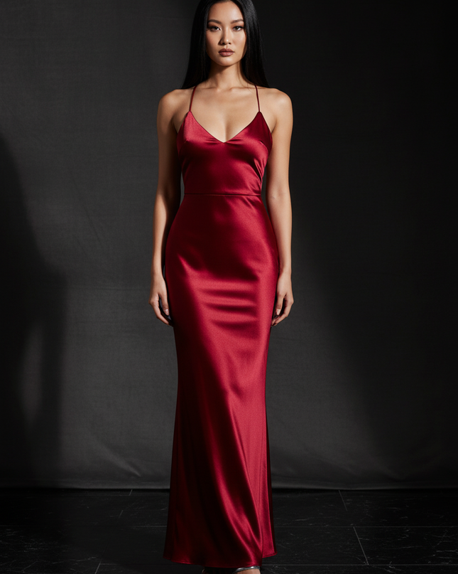 Satin Kleid - Satin Abendkleid mit Schleife Rot - Rueckenfrei Lang - Ansicht 1