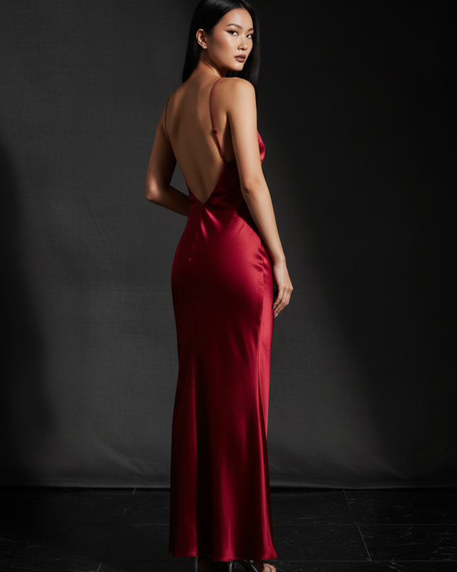 Satin Kleid - Satin Abendkleid mit Schleife Rot - Rueckenfrei Lang - Ansicht 2