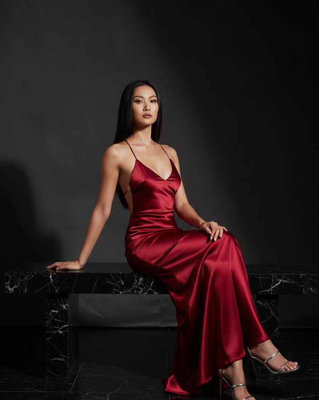 Satin Kleid - Satin Abendkleid mit Schleife Rot - Rueckenfrei Lang - Ansicht 5