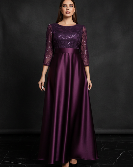 Satin Kleid - Satin Abendkleid mit Spitze Lila - A-Linie Lang - Ansicht 1
