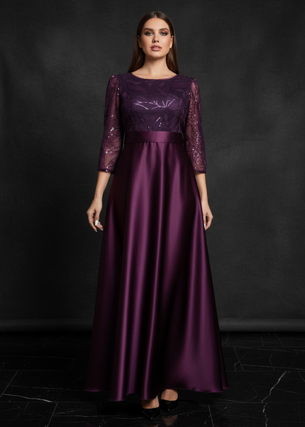 Satin Kleid - Satin Abendkleid mit Spitze Lila - A-Linie Lang - Ansicht 1