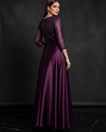 Satin Kleid - Satin Abendkleid mit Spitze Lila - A-Linie Lang - Ansicht 2