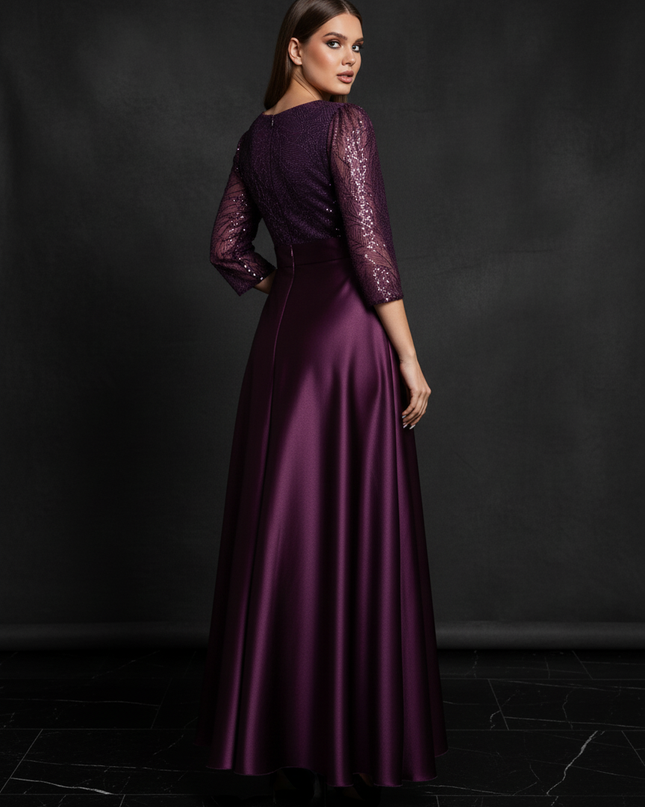 Satin Kleid - Satin Abendkleid mit Spitze Lila - A-Linie Lang - Ansicht 2