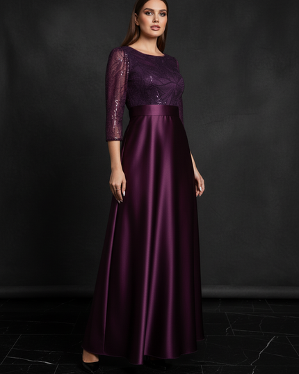 Satin Kleid - Satin Abendkleid mit Spitze Lila - A-Linie Lang - Ansicht 3