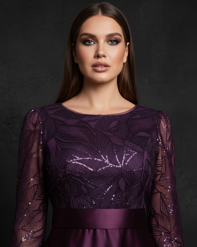 Satin Kleid - Satin Abendkleid mit Spitze Lila - A-Linie Lang - Ansicht 4
