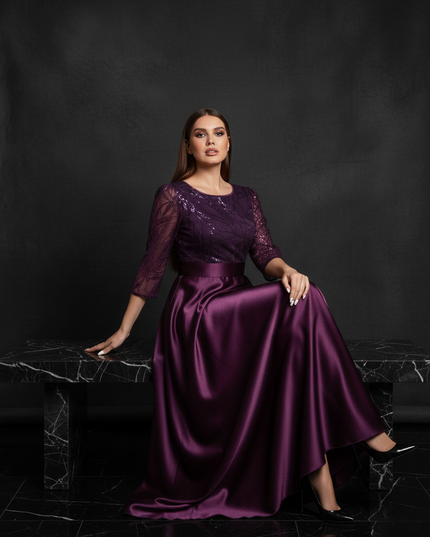 Satin Kleid - Satin Abendkleid mit Spitze Lila - A-Linie Lang - Ansicht 5