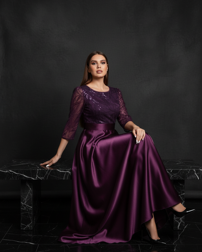 Satin Kleid - Satin Abendkleid mit Spitze Lila - A-Linie Lang - Ansicht 5
