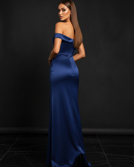 Satin Kleid - Satin Abendkleid Off-Shoulder Blau - Meerjungfrau Corsage - Ansicht 2