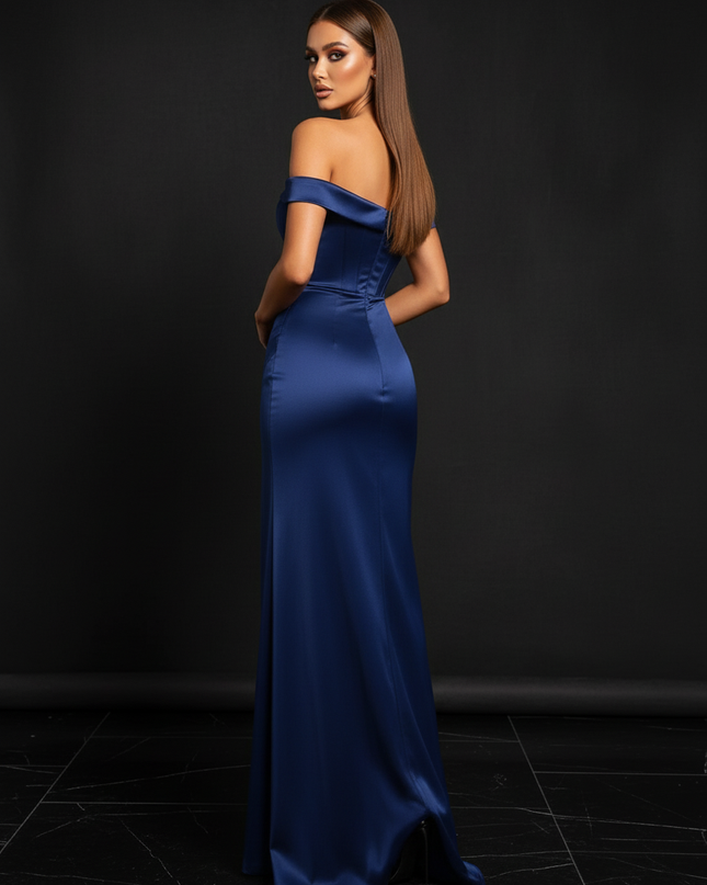 Satin Kleid - Satin Abendkleid Off-Shoulder Blau - Meerjungfrau Corsage - Ansicht 2
