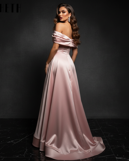 Satin Kleid Pink - Off-Shoulder Abendkleid Pink Satin Elegant Bodenlang - Ansicht 2