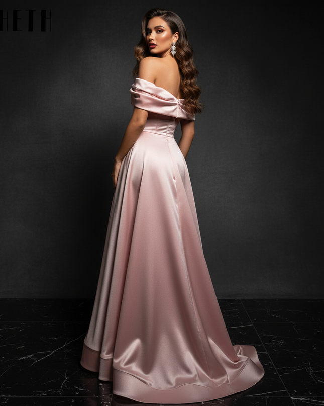 Satin Kleid Pink - Off-Shoulder Abendkleid Pink Satin Elegant Bodenlang - Ansicht 2