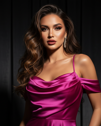 Satin Kleid - Satin Abendkleid Off-Shoulder - Maxi mit Schlitz - Ansicht 4