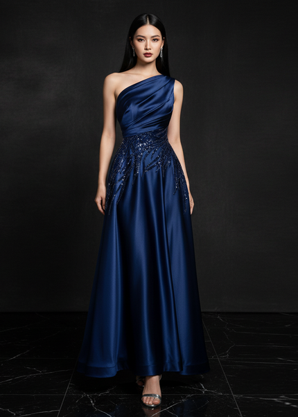 Satin Kleid Blue - One-Shoulder Abendkleid Satin A-Linie Aermellos Lang - Ansicht 1