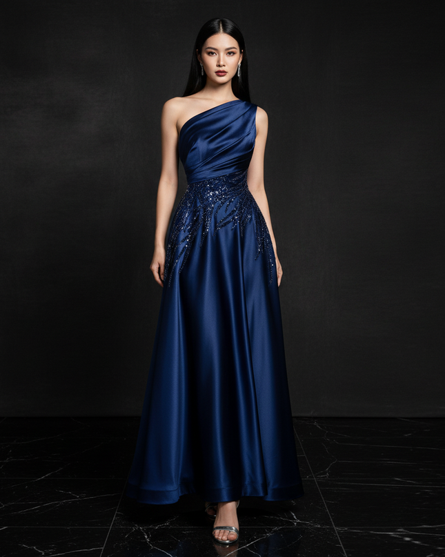 Satin Kleid Blue - One-Shoulder Abendkleid Satin A-Linie Aermellos Lang - Ansicht 1