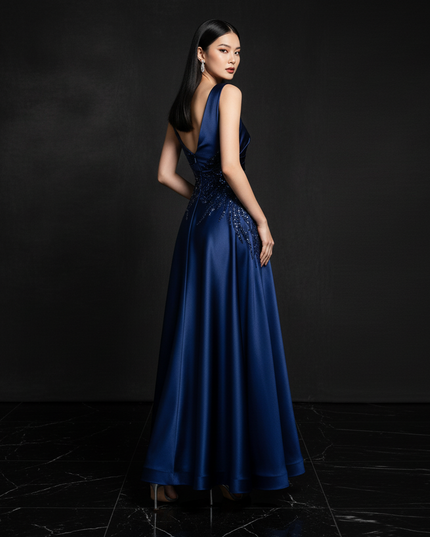 Satin Kleid Blue - One-Shoulder Abendkleid Satin A-Linie Aermellos Lang - Ansicht 2
