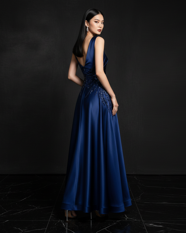 Satin Kleid Blue - One-Shoulder Abendkleid Satin A-Linie Aermellos Lang - Ansicht 2
