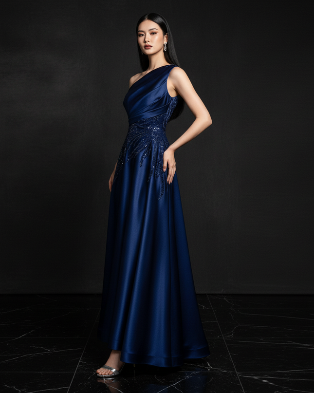 Satin Kleid Blue - One-Shoulder Abendkleid Satin A-Linie Aermellos Lang - Ansicht 3
